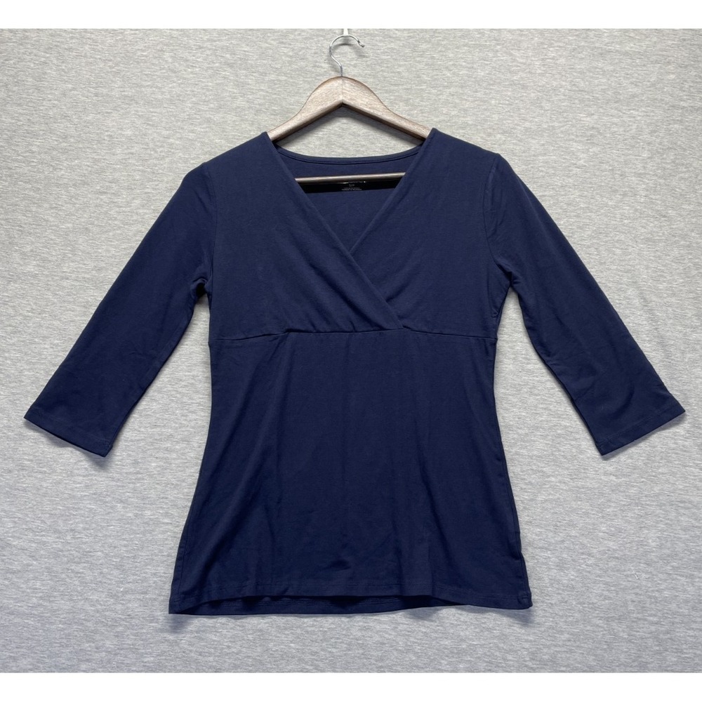 Merona Wrap Blouse Top Womens Small Navy Blue Stretch 3/4 Sleeve Surplice Neck